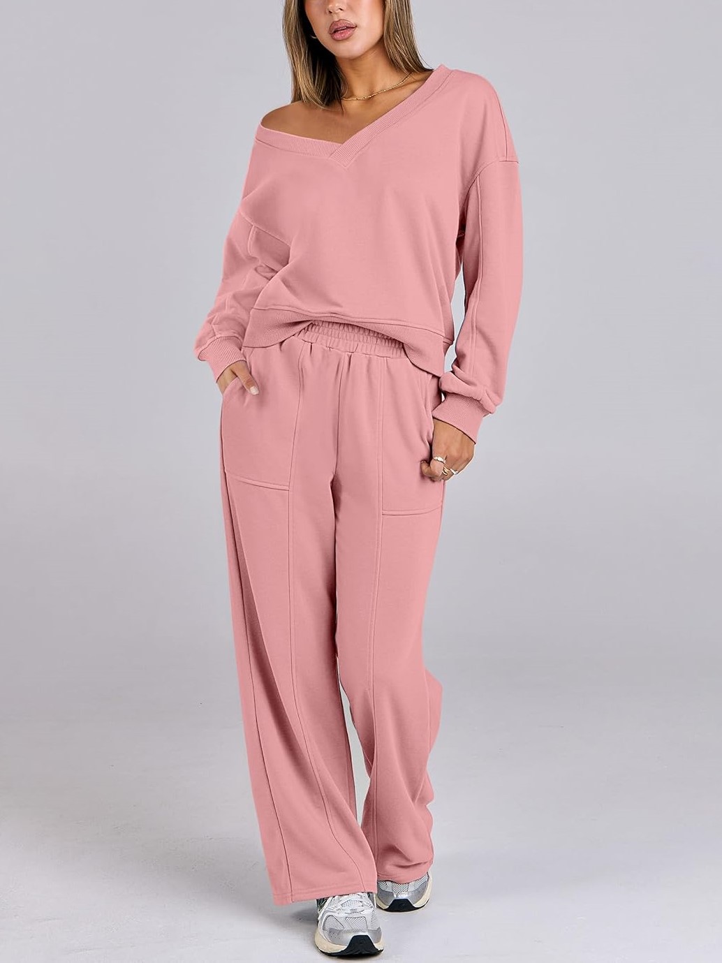 Women's V Neck Sweatshirts Wide Leg Jogger Sweatpants Lounge Sets