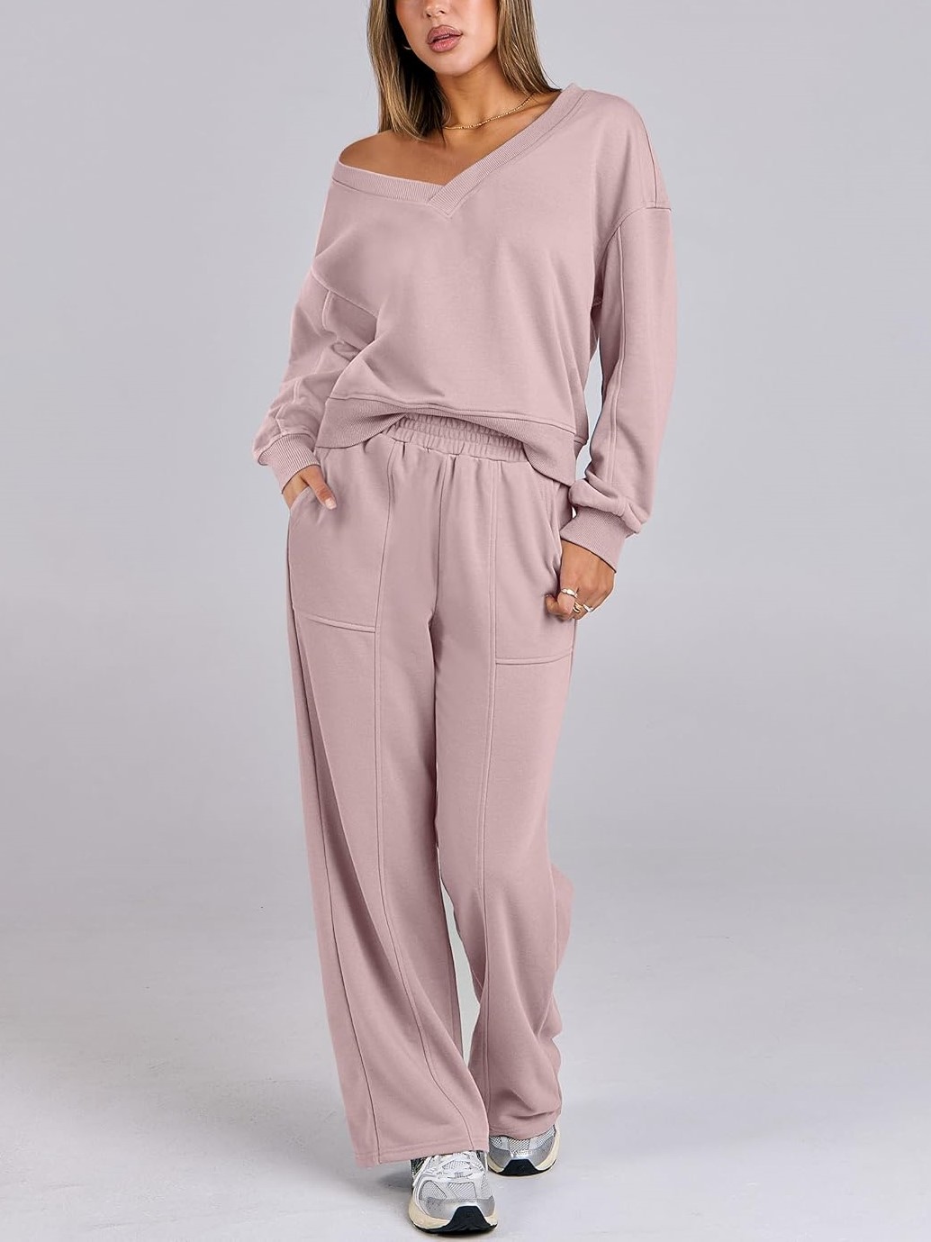 Women's V Neck Sweatshirts Wide Leg Jogger Sweatpants Lounge Sets