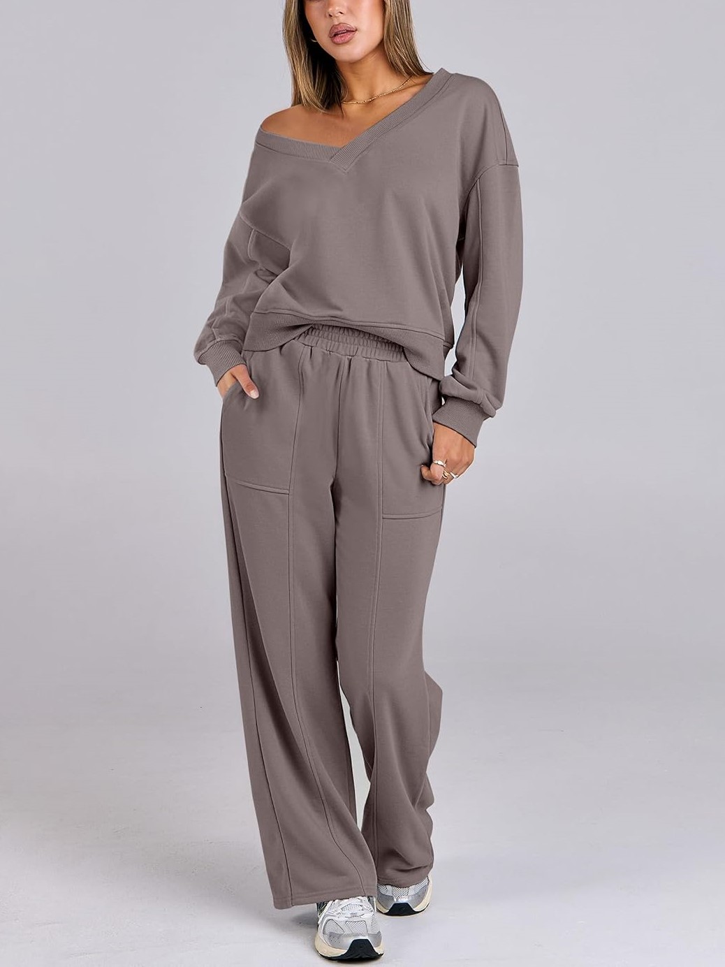 Women's V Neck Sweatshirts Wide Leg Jogger Sweatpants Lounge Sets