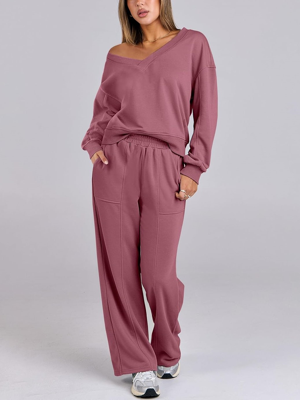 Women's V Neck Sweatshirts Wide Leg Jogger Sweatpants Lounge Sets
