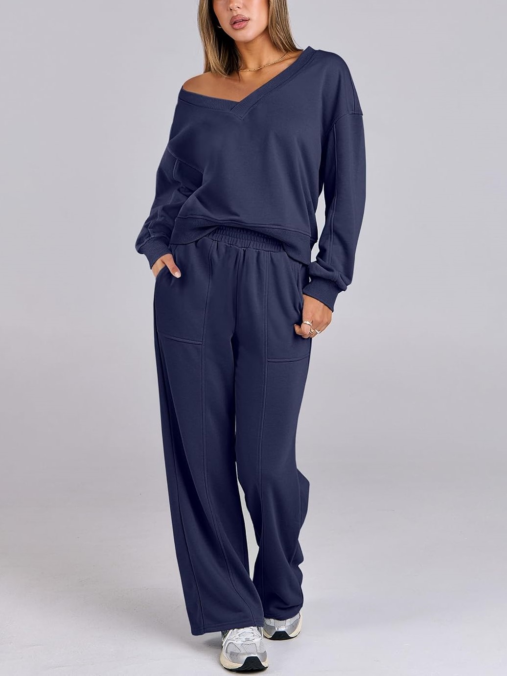 Women's V Neck Sweatshirts Wide Leg Jogger Sweatpants Lounge Sets