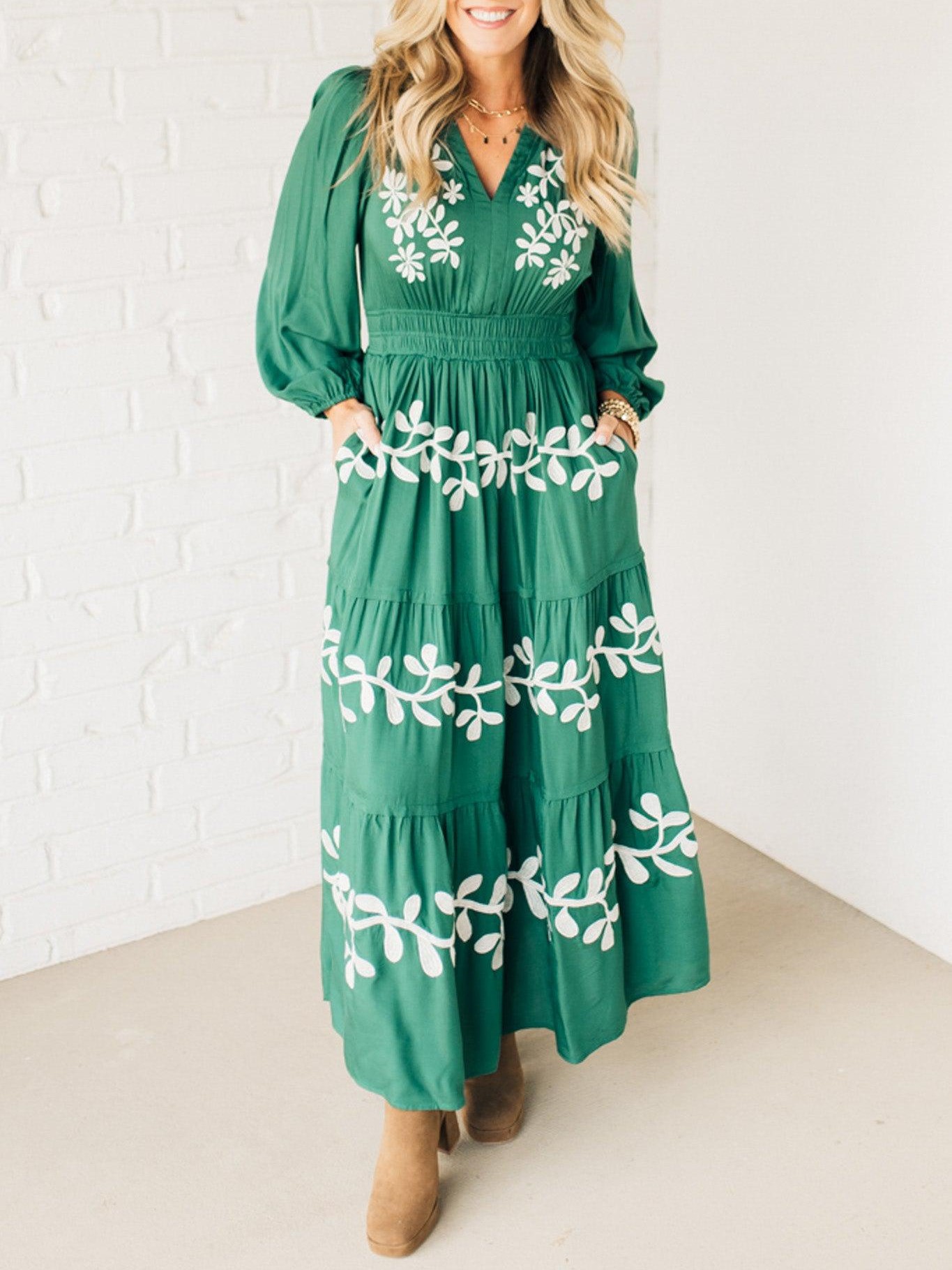 V Neck Long Sleeve Embroidered Tiered Maxi Dress