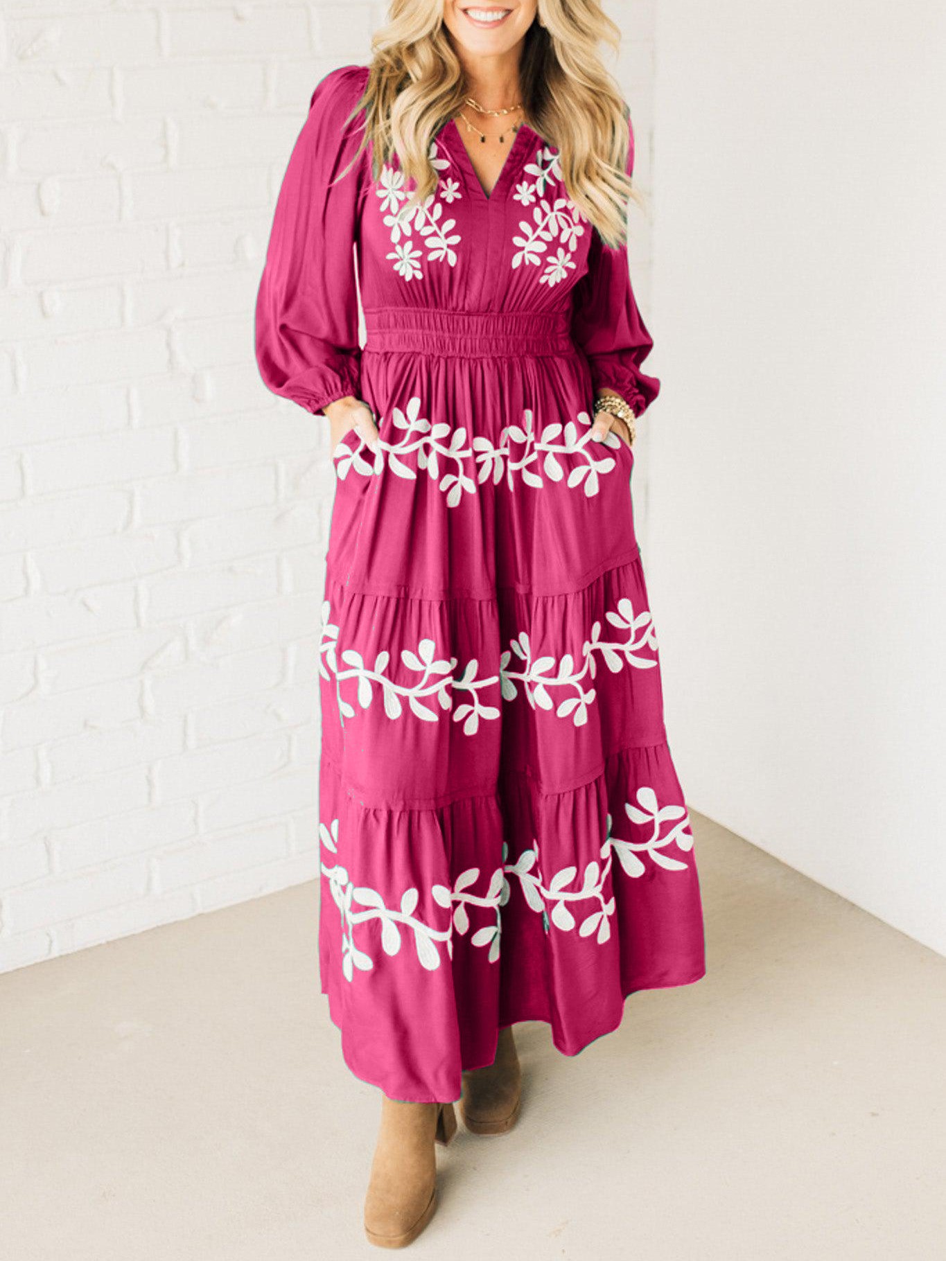 V Neck Long Sleeve Embroidered Tiered Maxi Dress