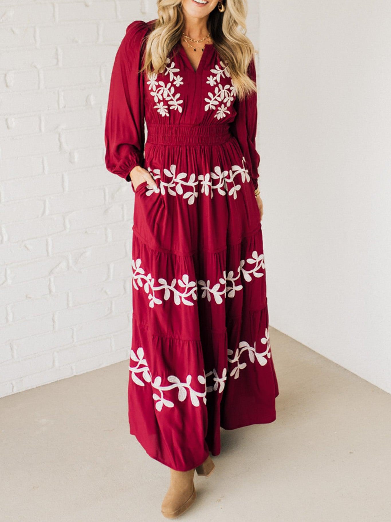 V Neck Long Sleeve Embroidered Tiered Maxi Dress