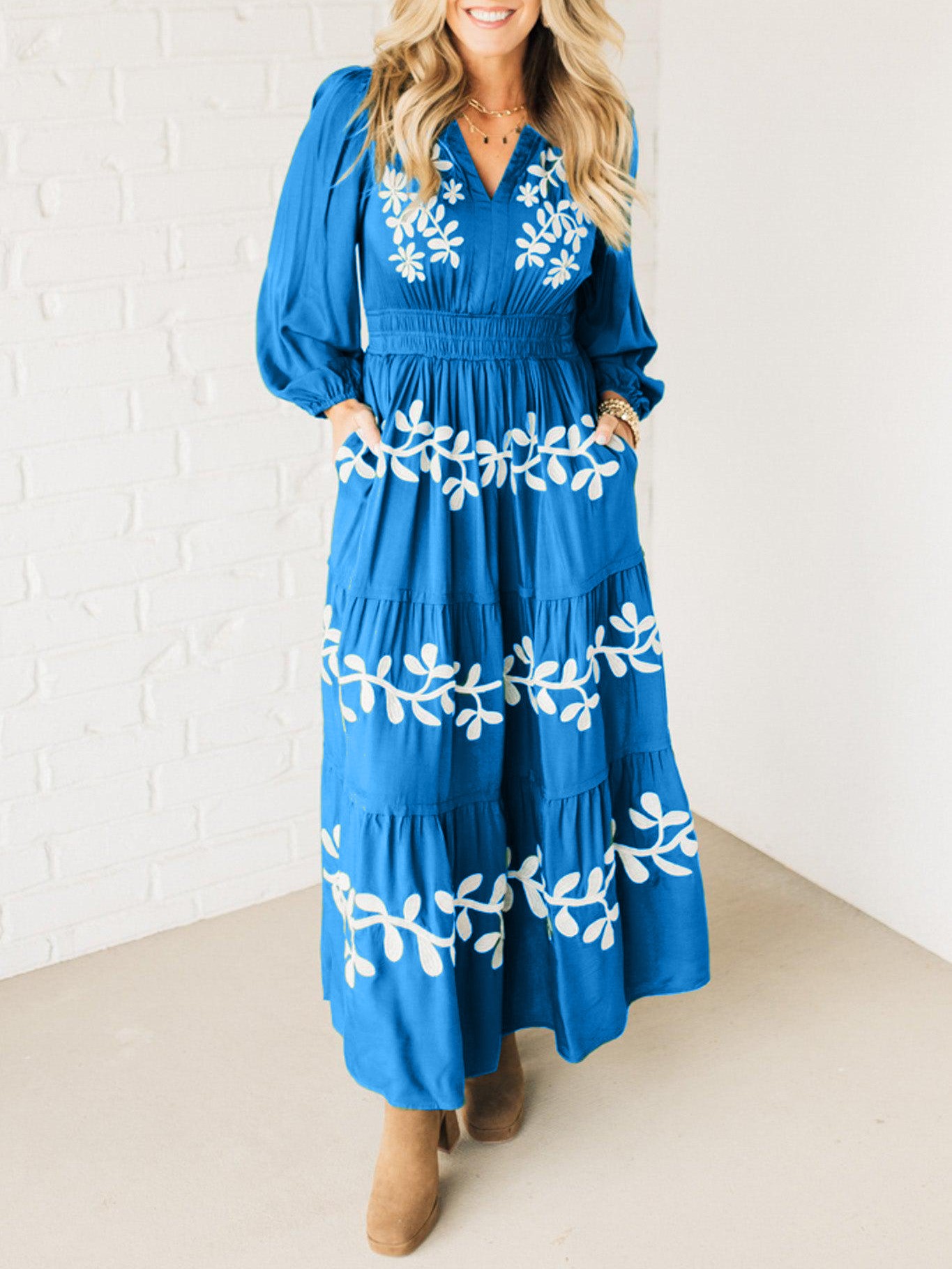V Neck Long Sleeve Embroidered Tiered Maxi Dress