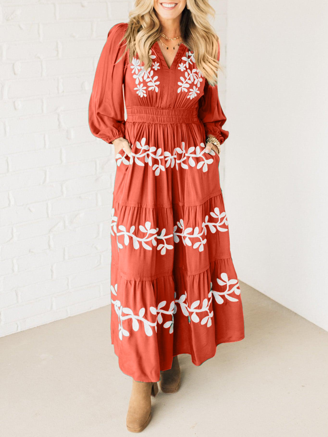 V Neck Long Sleeve Embroidered Tiered Maxi Dress