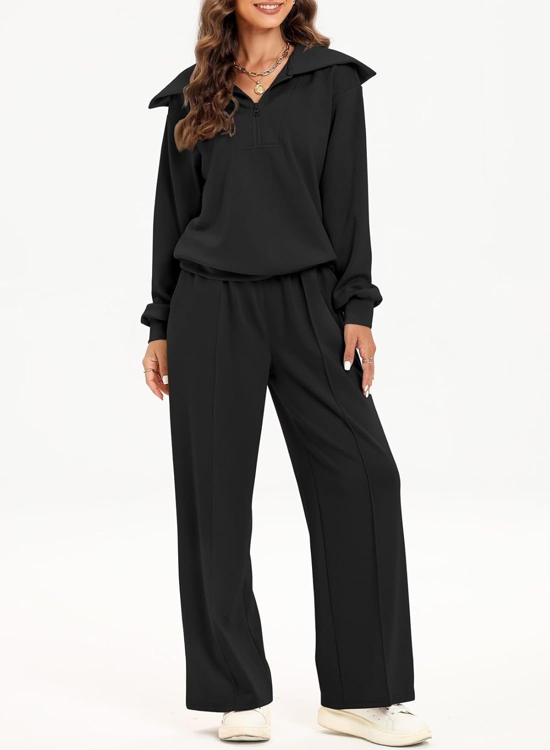 Women's Half Zip Sweatshirt & Wide Leg Sweatpant Tracksuit Set
