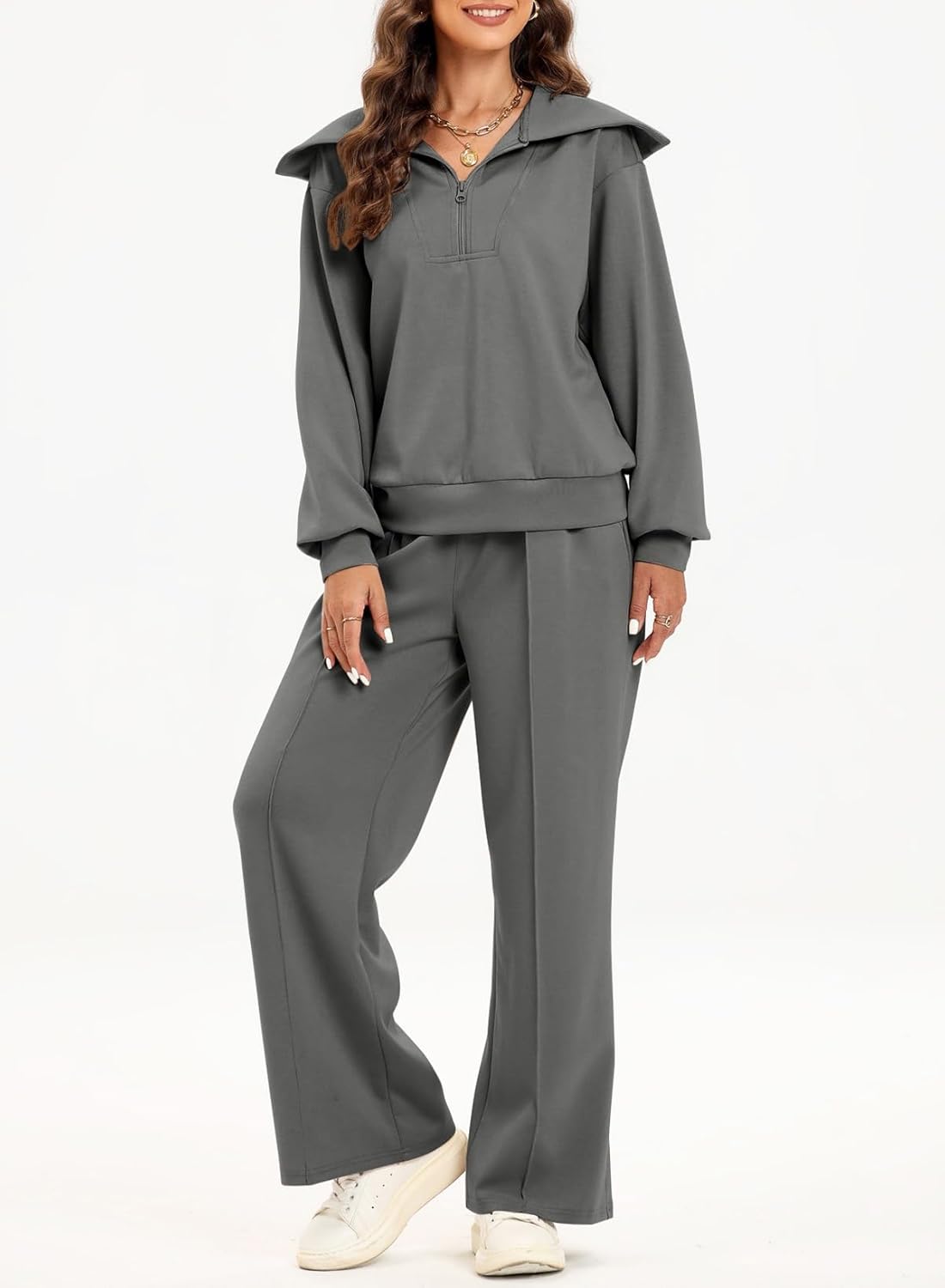 Women's Half Zip Sweatshirt & Wide Leg Sweatpant Tracksuit Set