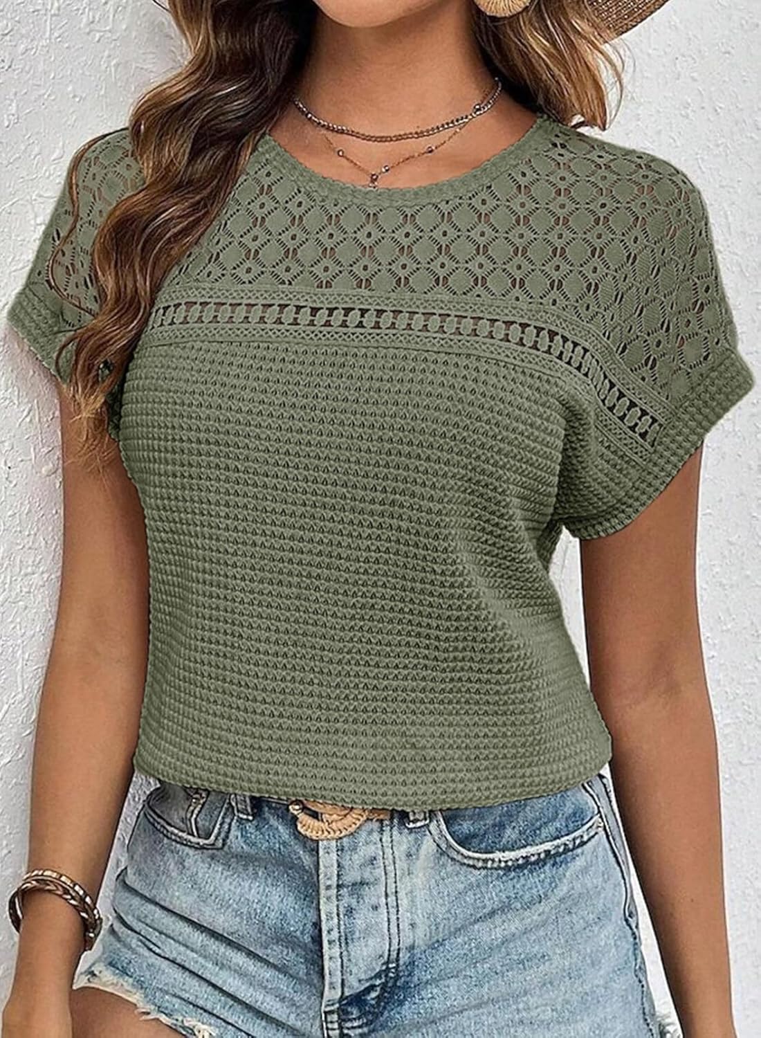 HOT SALE Women's Casual Waffle Knit Hollow Out Short Sleeve Shirts