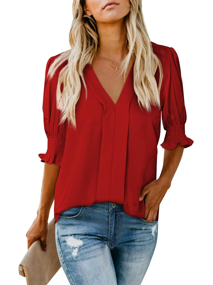 Women's Dressy Casual V Neck  Puff Ruffle Short Sleeve Shirt Tops