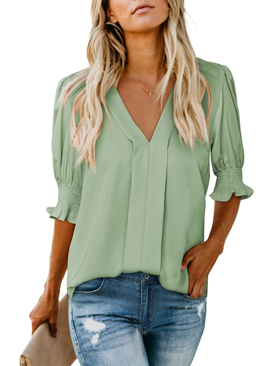 Women's Dressy Casual V Neck  Puff Ruffle Short Sleeve Shirt Tops