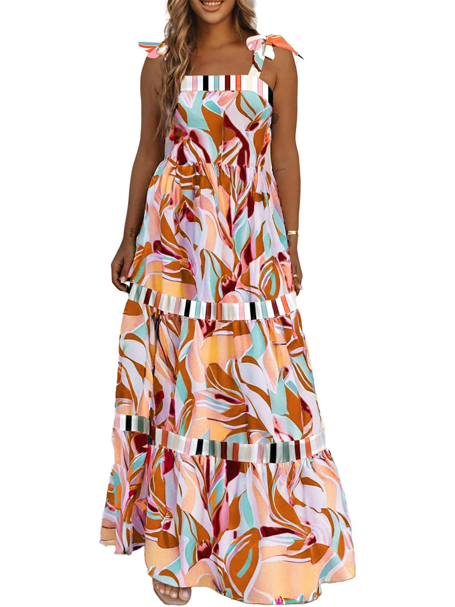 Women's Summer Sleeveless Strap Tie Floral Print Maxi Dress