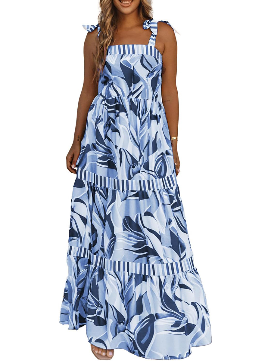 Women's Summer Sleeveless Strap Tie Floral Print Maxi Dress
