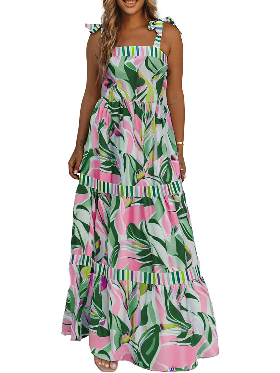 Women's Summer Sleeveless Strap Tie Floral Print Maxi Dress