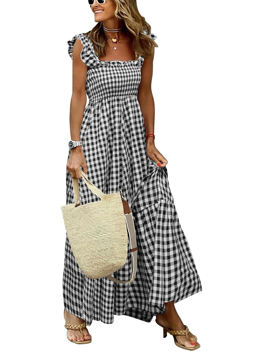 HOT SALE Women's Retro Plaid Spaghetti Strap Smocked Dress