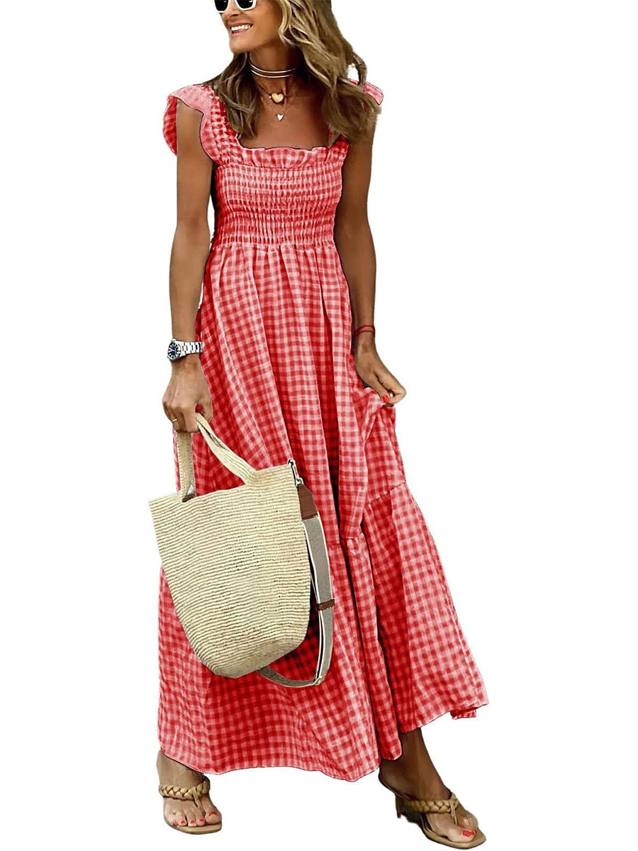 HOT SALE Women's Retro Plaid Spaghetti Strap Smocked Dress