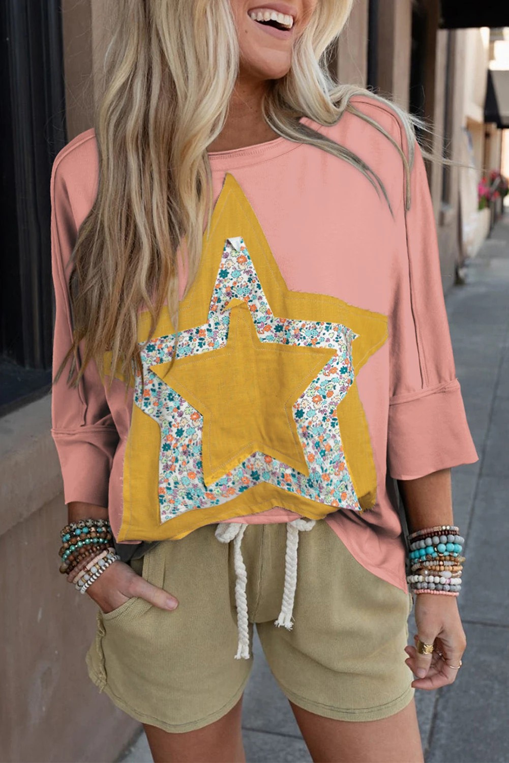Floral Star Patched Exposed Seam 3/4 Sleeve Top