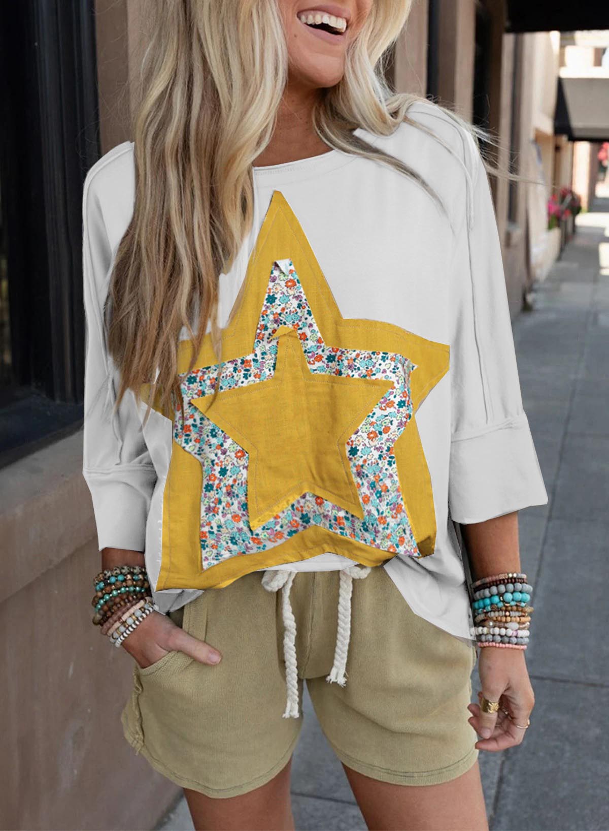 Floral Star Patched Exposed Seam 3/4 Sleeve Top