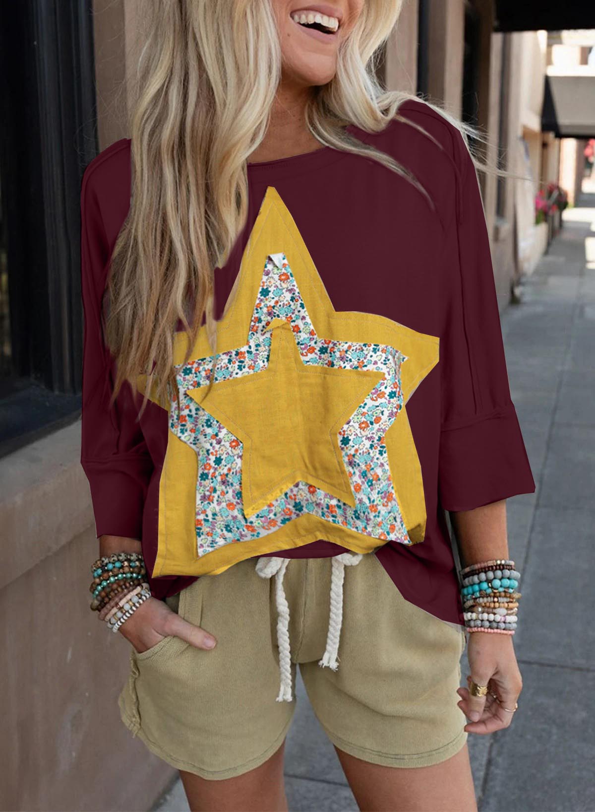 Floral Star Patched Exposed Seam 3/4 Sleeve Top