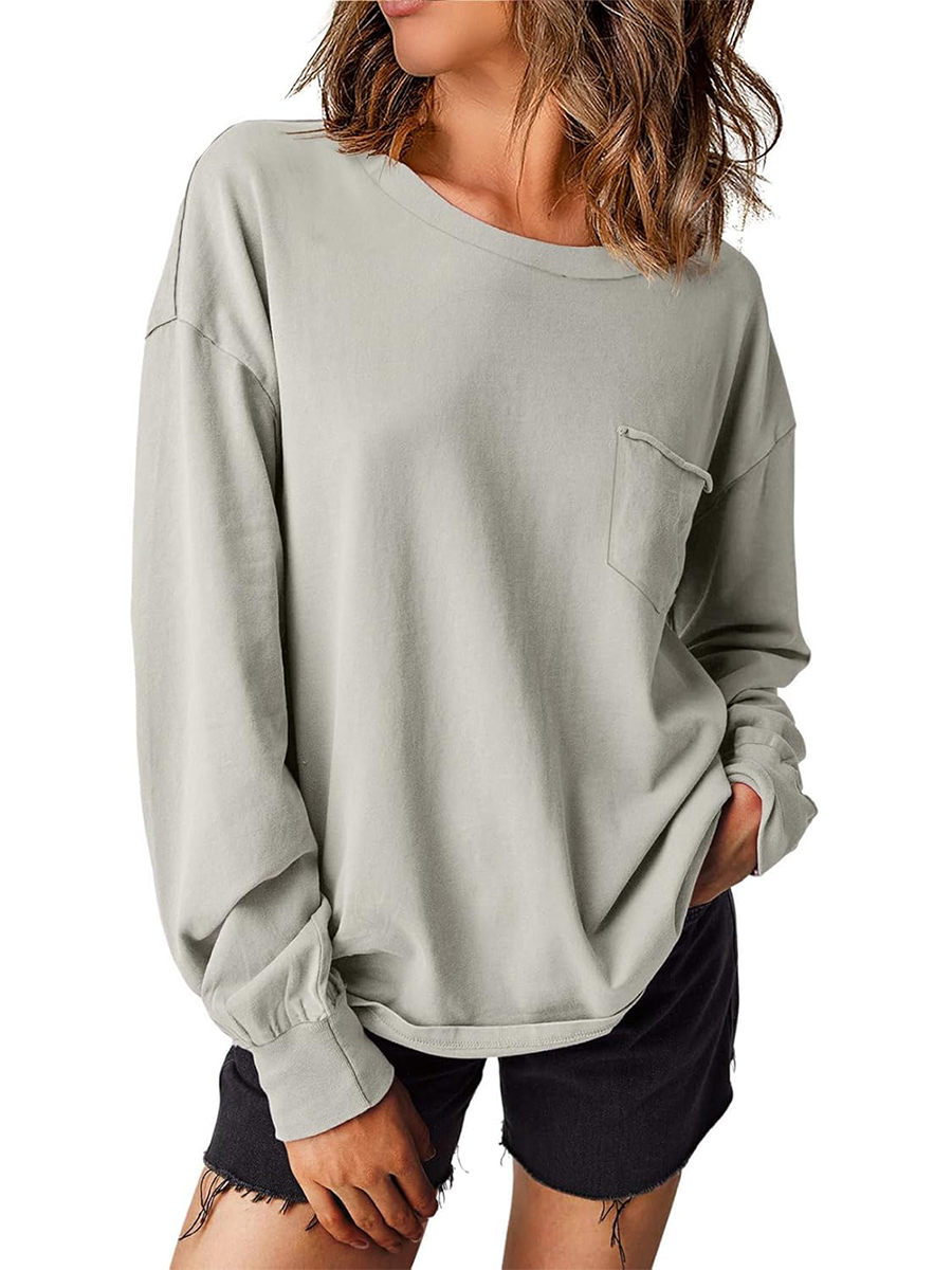 Women's Crewneck Pocket Oversized Basic Long Sleeve Shirts