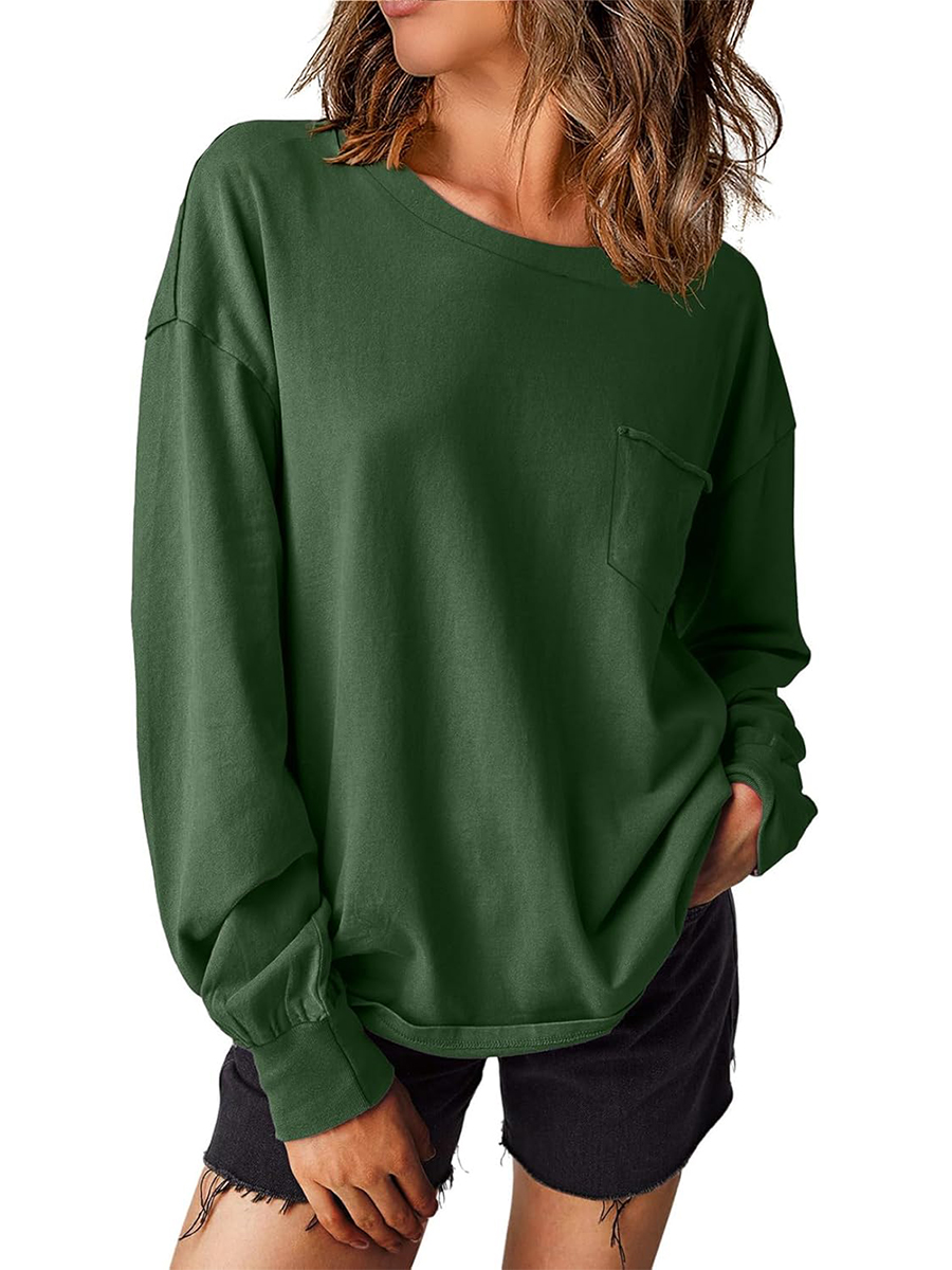 Women's Crewneck Pocket Oversized Basic Long Sleeve Shirts