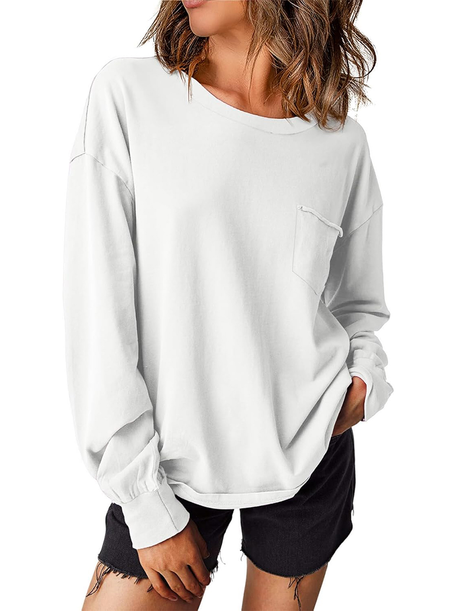 Women's Crewneck Pocket Oversized Basic Long Sleeve Shirts