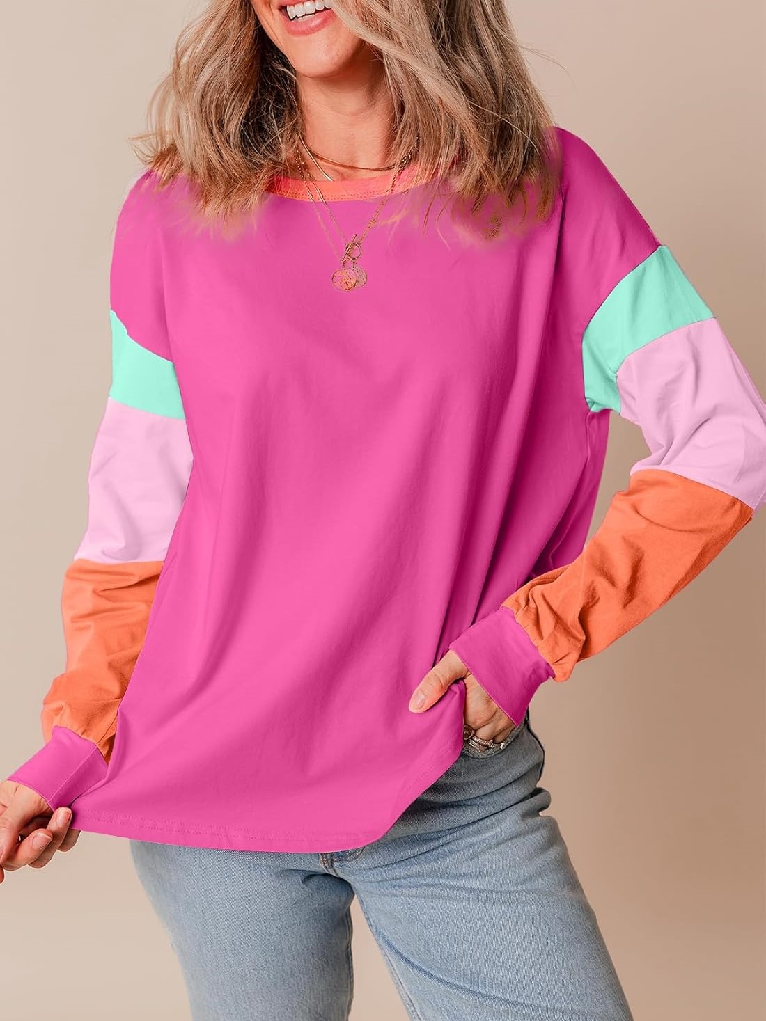 Women's Casual Color Block Sleeve Loose Fit Top