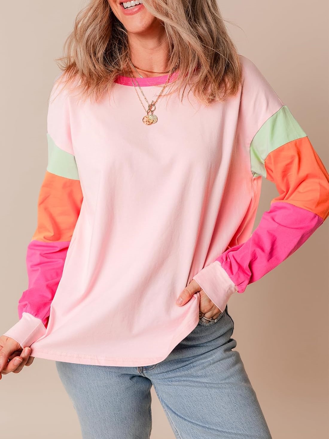 Women's Casual Color Block Sleeve Loose Fit Top