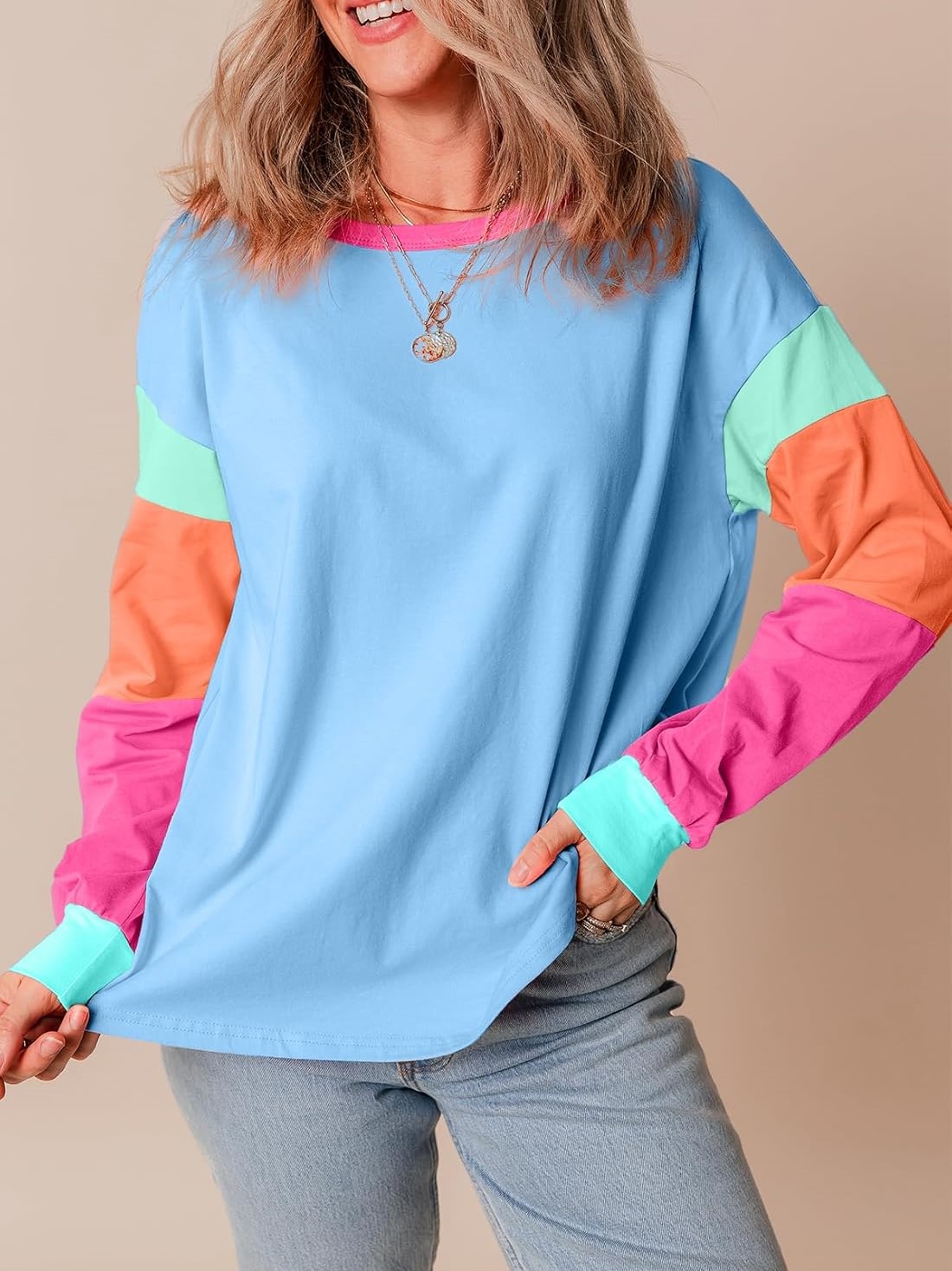 Women's Casual Color Block Sleeve Loose Fit Top