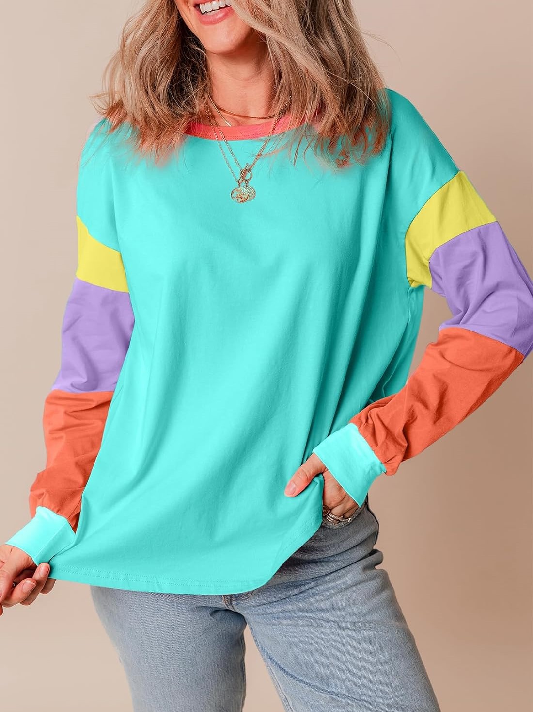 Women's Casual Color Block Sleeve Loose Fit Top