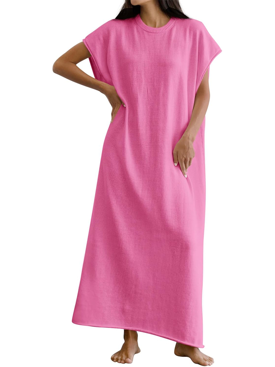 Casual Crewneck Short Sleeve Loose Fit Knit Maxi Dress