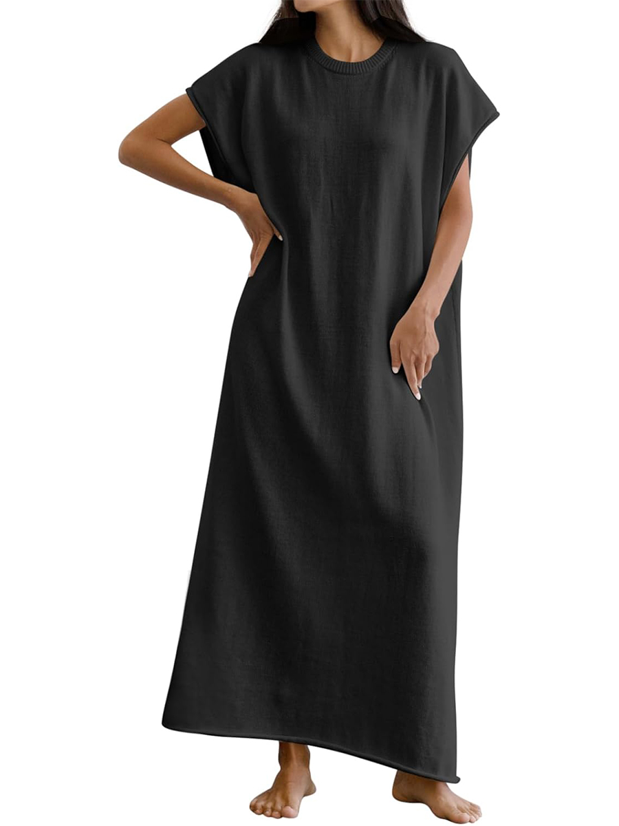 Casual Crewneck Short Sleeve Loose Fit Knit Maxi Dress