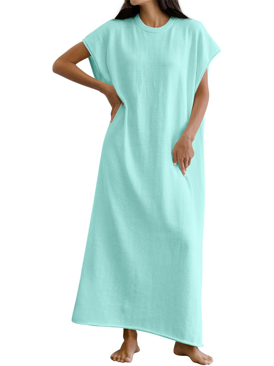 Casual Crewneck Short Sleeve Loose Fit Knit Maxi Dress