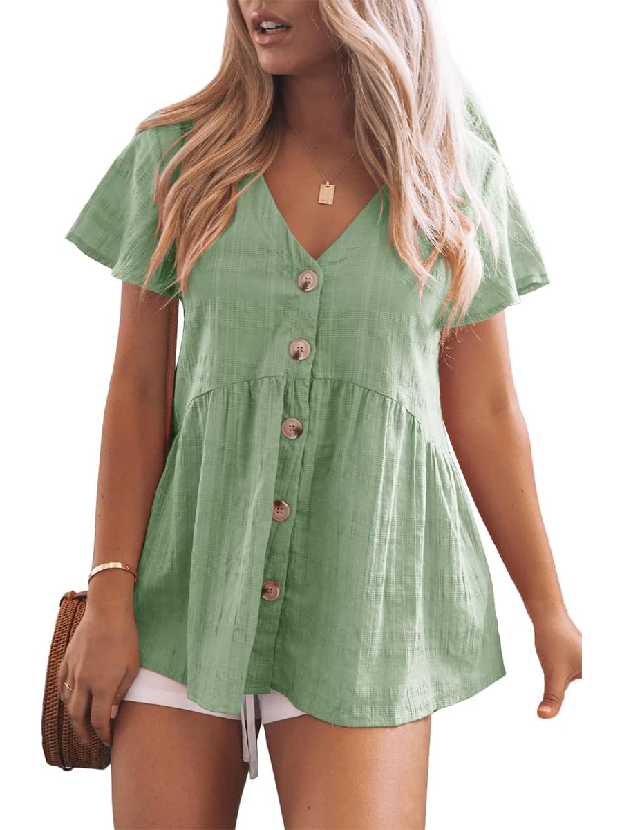 Women's V Neck Button Down Ruffle Hem Short Sleeve Babydoll Peplum Tops