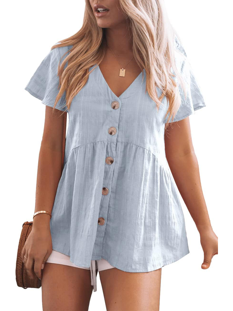 Women's V Neck Button Down Ruffle Hem Short Sleeve Babydoll Peplum Tops