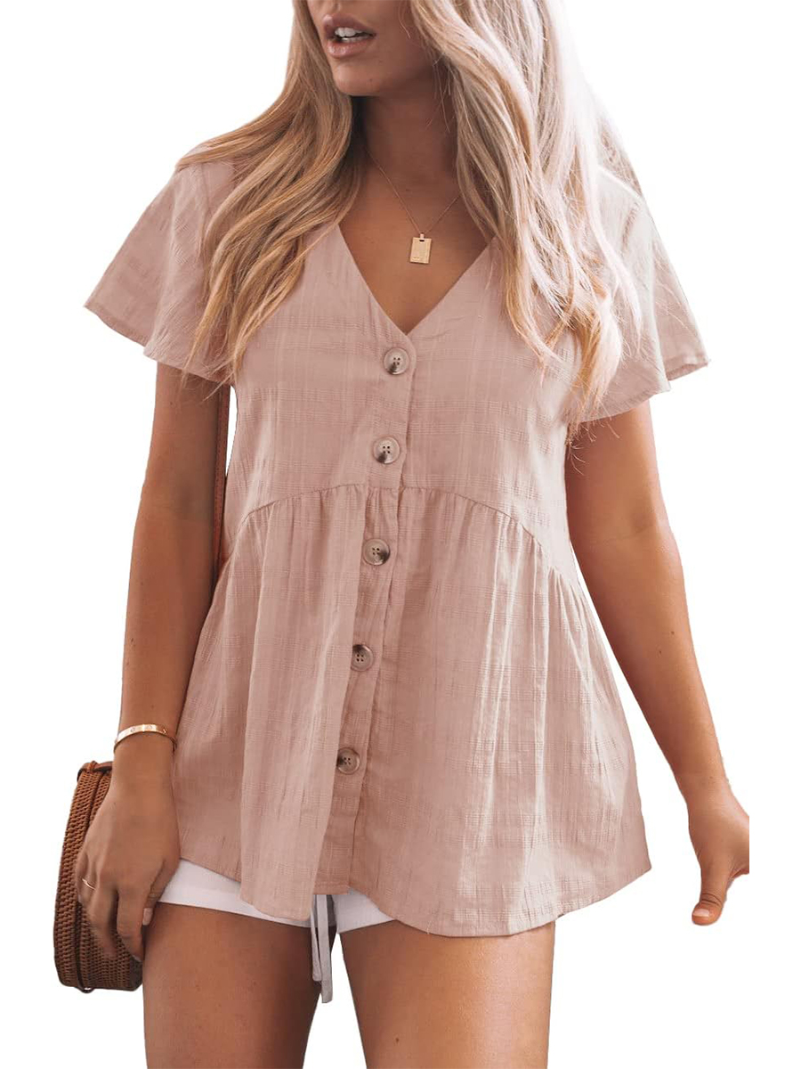 Women's V Neck Button Down Ruffle Hem Short Sleeve Babydoll Peplum Tops