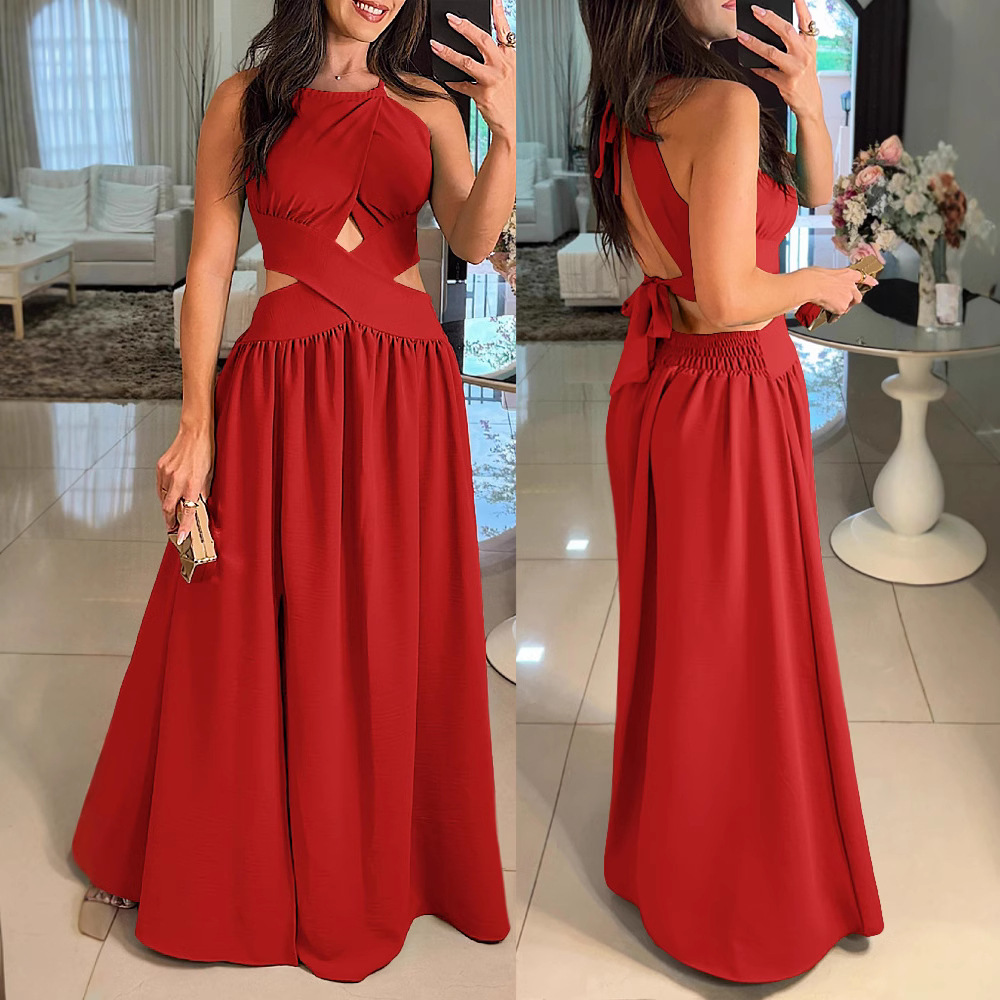 Halter Cut-out Sleeveless Tied Criss Cross Flared Dress