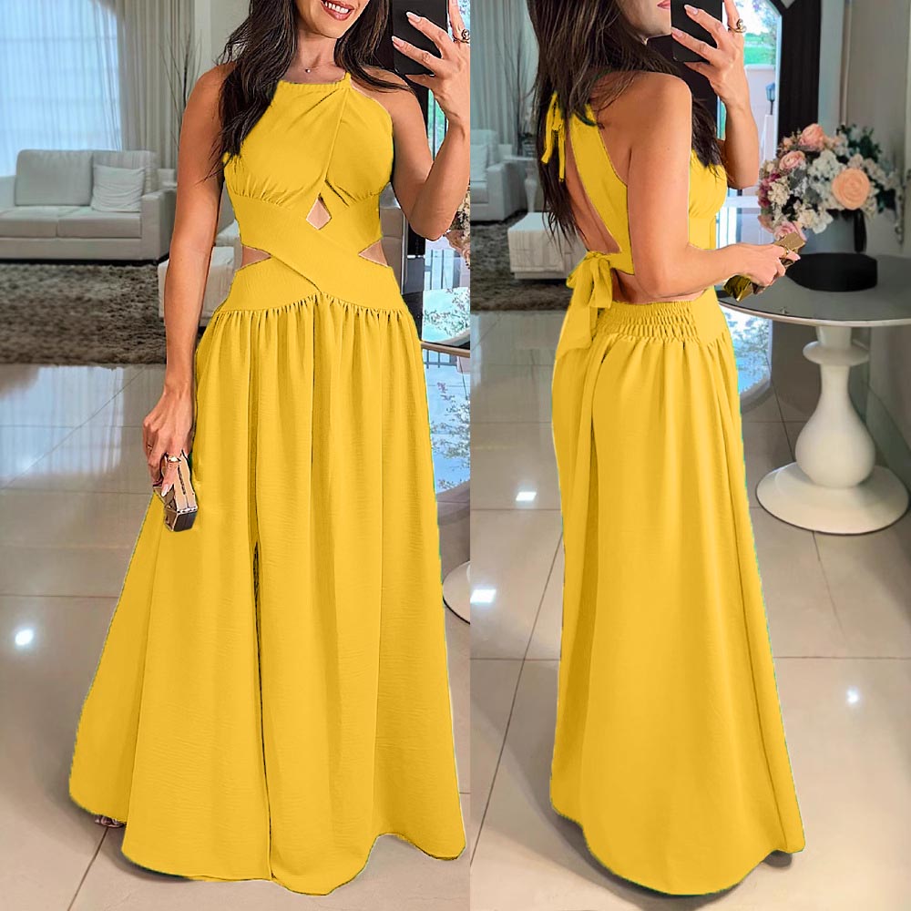 Halter Cut-out Sleeveless Tied Criss Cross Flared Dress