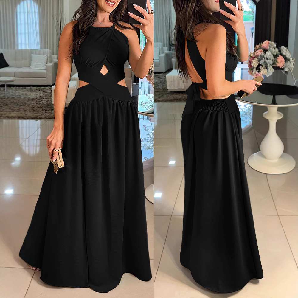 Halter Cut-out Sleeveless Tied Criss Cross Flared Dress
