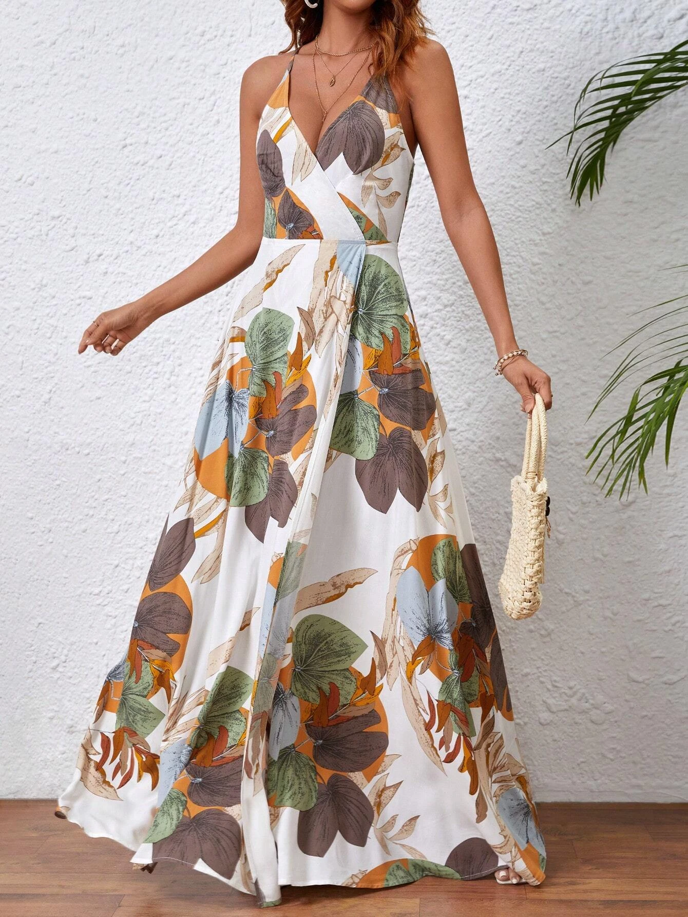 Women's Tropical Print Overlap Collar Backless Slit Thigh Cami Dress