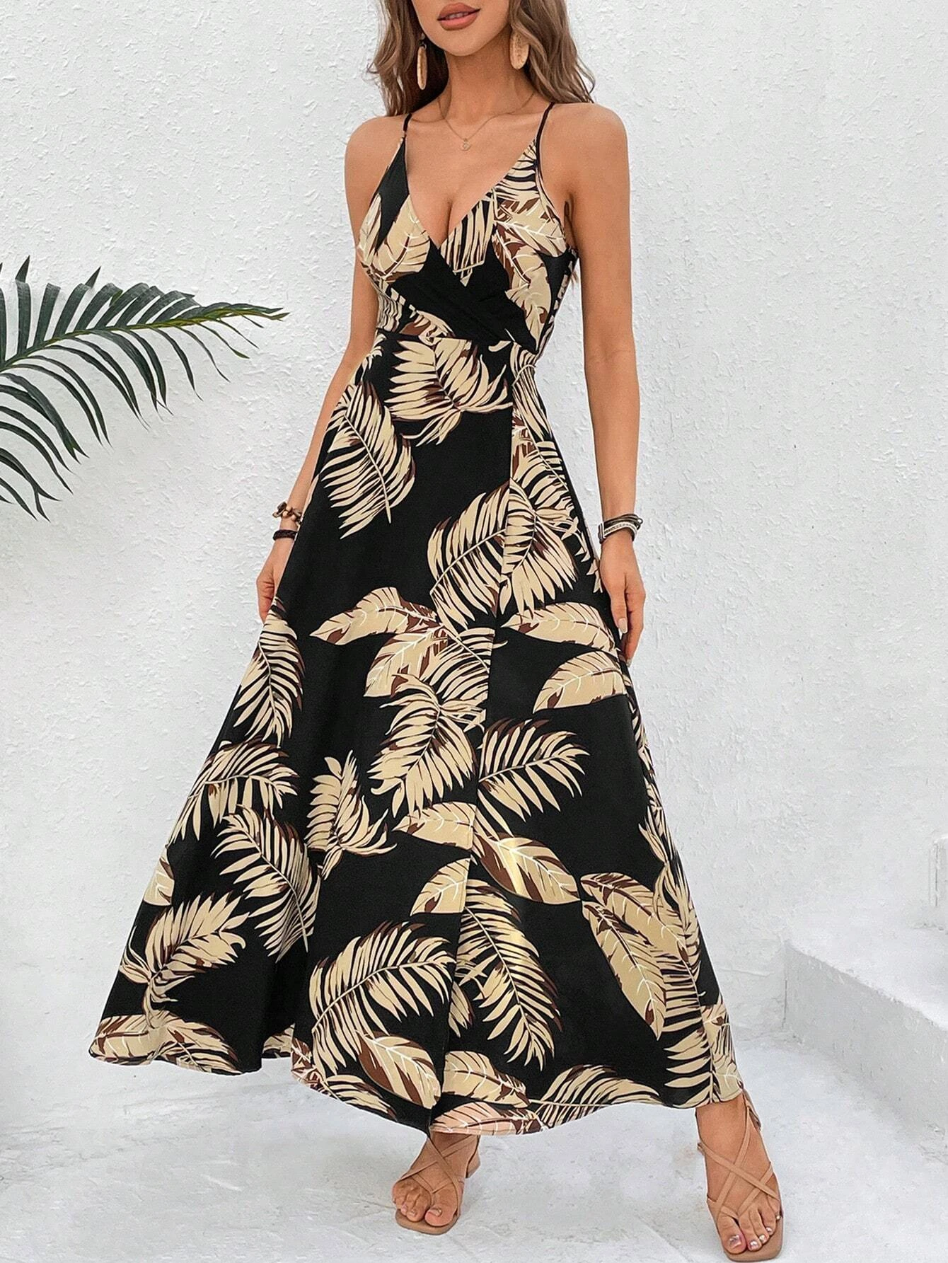 Women's Tropical Print Overlap Collar Backless Slit Thigh Cami Dress
