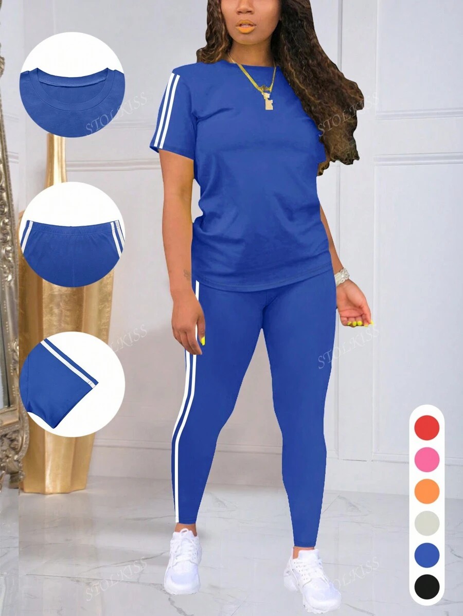 Women's Striped Round Neck Short Sleeve Sports Top And Pants Set