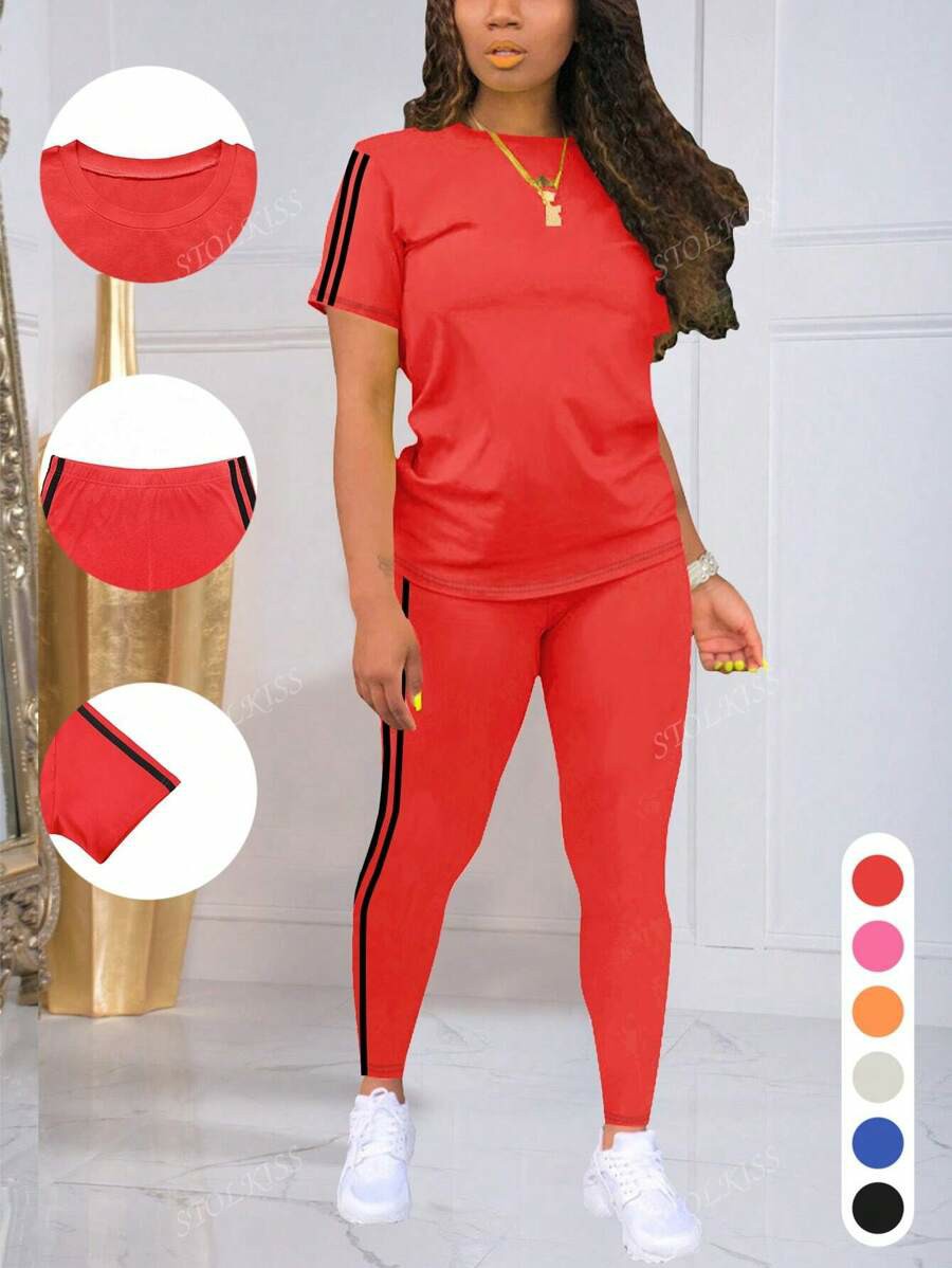 Women's Striped Round Neck Short Sleeve Sports Top And Pants Set