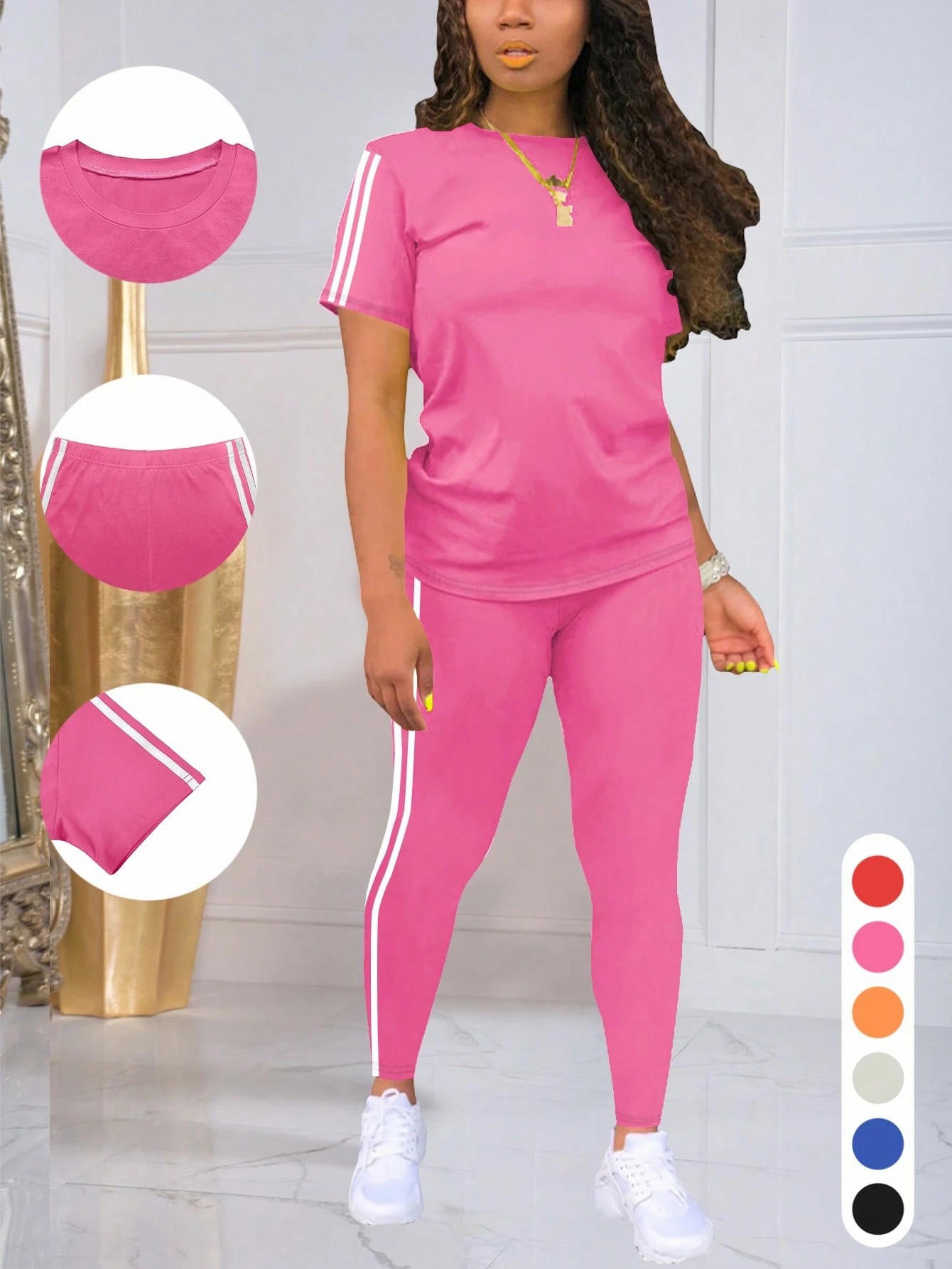 Women's Striped Round Neck Short Sleeve Sports Top And Pants Set