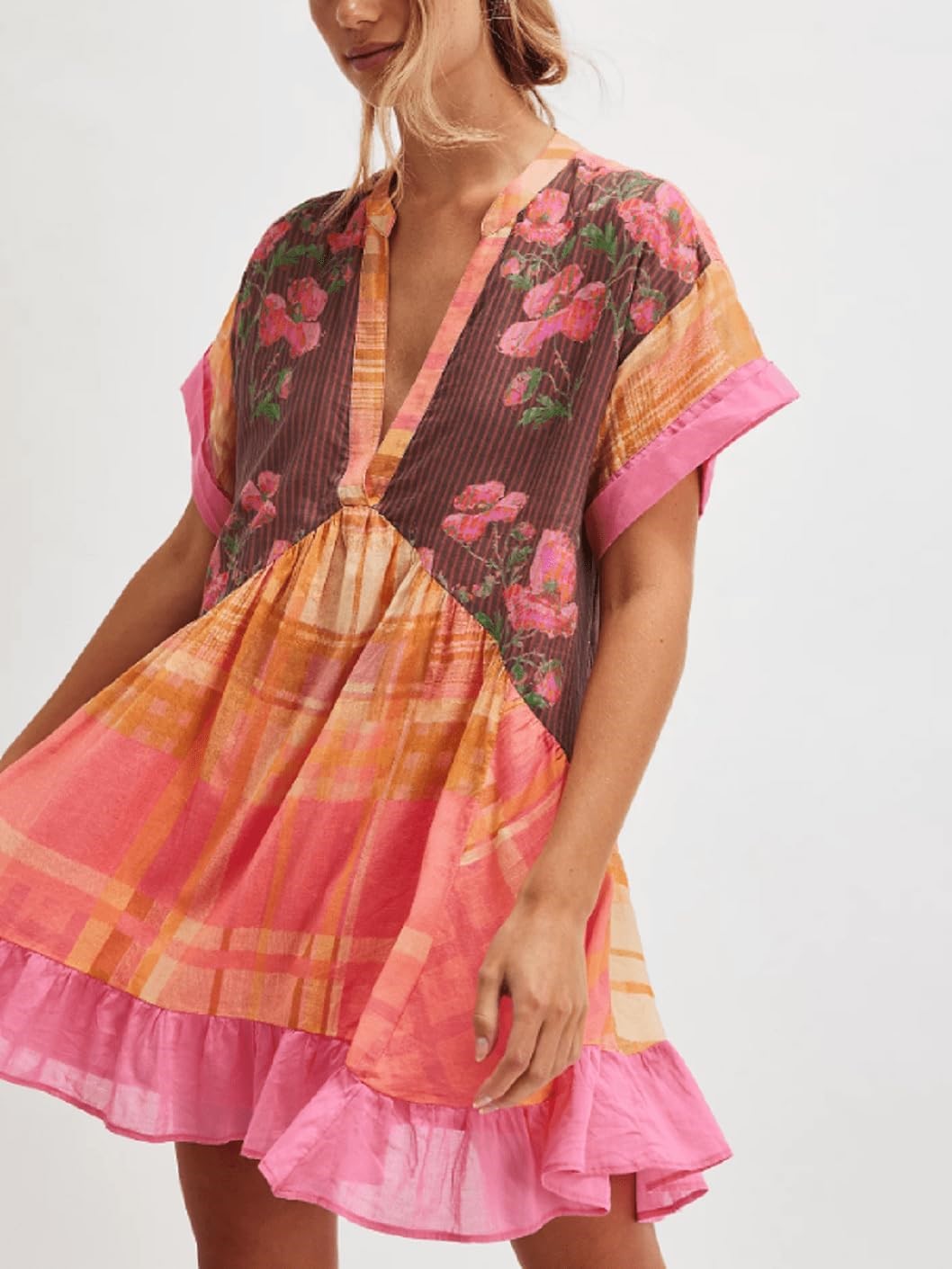 Women's V-Neck Printed Flowing Short Sleeve Mini Dress