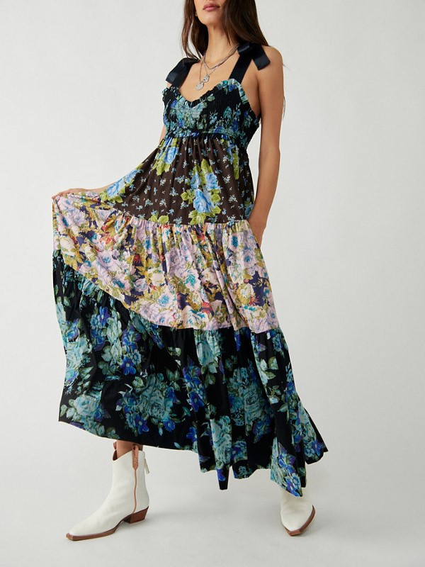 Women's Flowy Smocked Sleeveless Tie Shoulder Boho Maxi Dress
