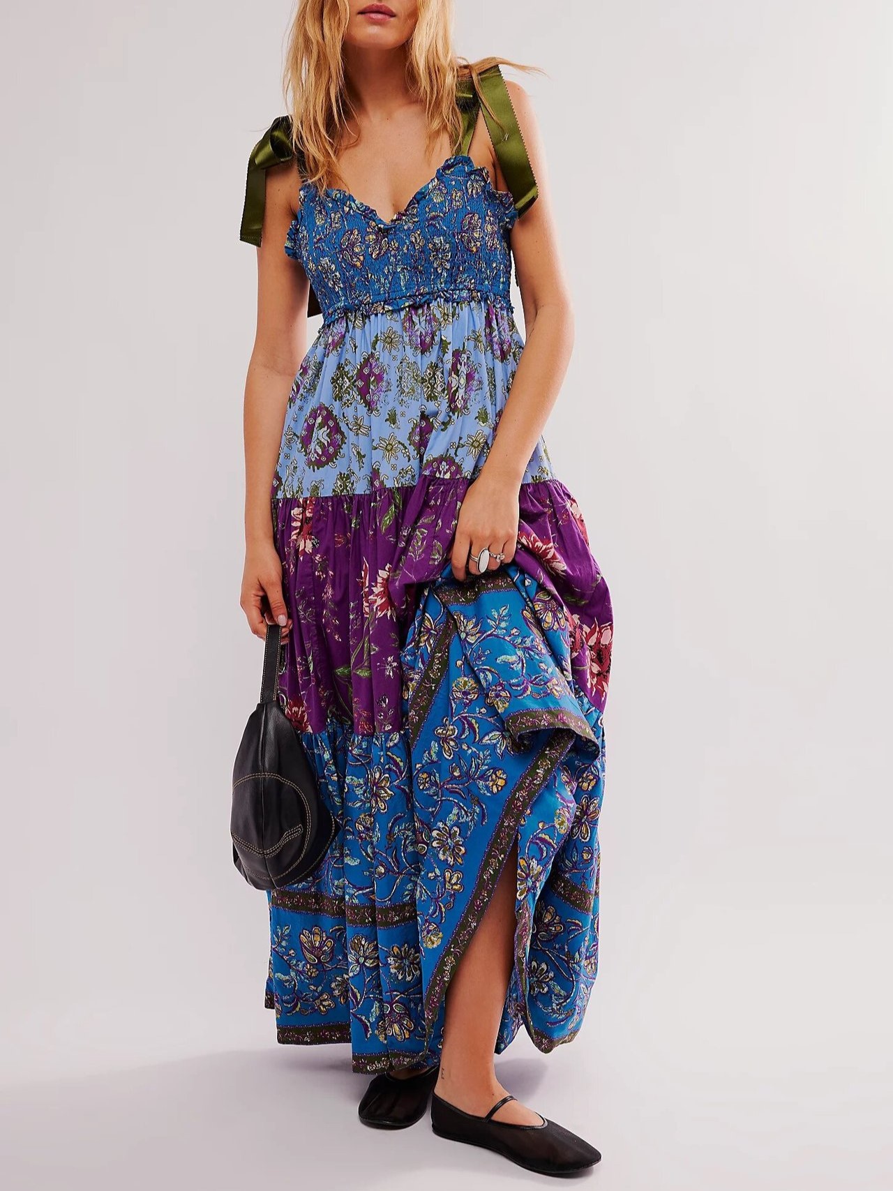 Women's Flowy Smocked Sleeveless Tie Shoulder Boho Maxi Dress