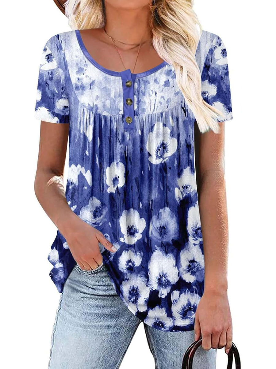 Women's Printed Botton Down Pleated Short Sleeve Shirts Tunic Tops