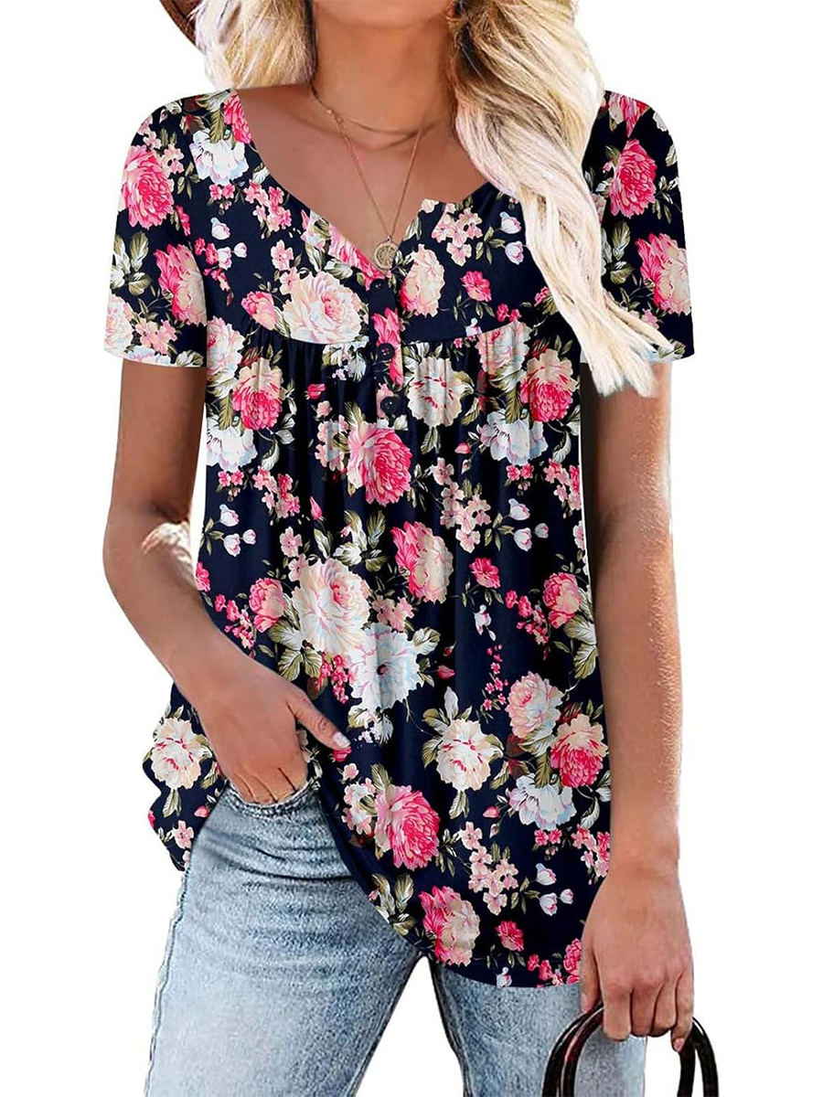 Women's Printed Botton Down Pleated Short Sleeve Shirts Tunic Tops
