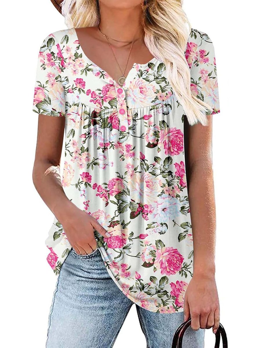 Women's Printed Botton Down Pleated Short Sleeve Shirts Tunic Tops